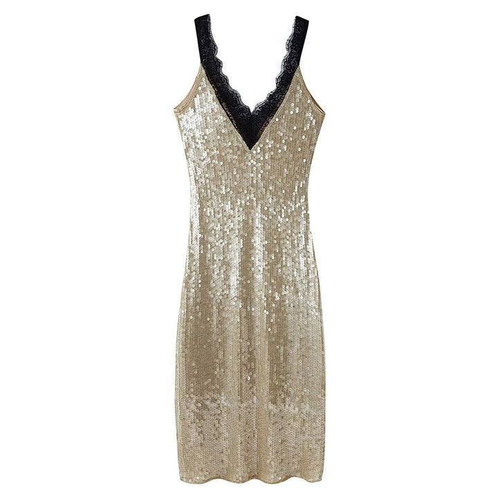 Damen glamouröses Abendkleid mit Pailletten und Spitzenverzierung Echo Archiv
