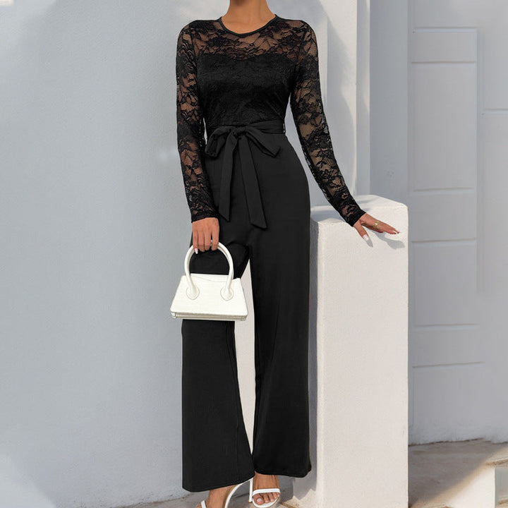 Damen Eleganter Jumpsuit mit Spitzenoberteil und tailliertem Bund – Solévia