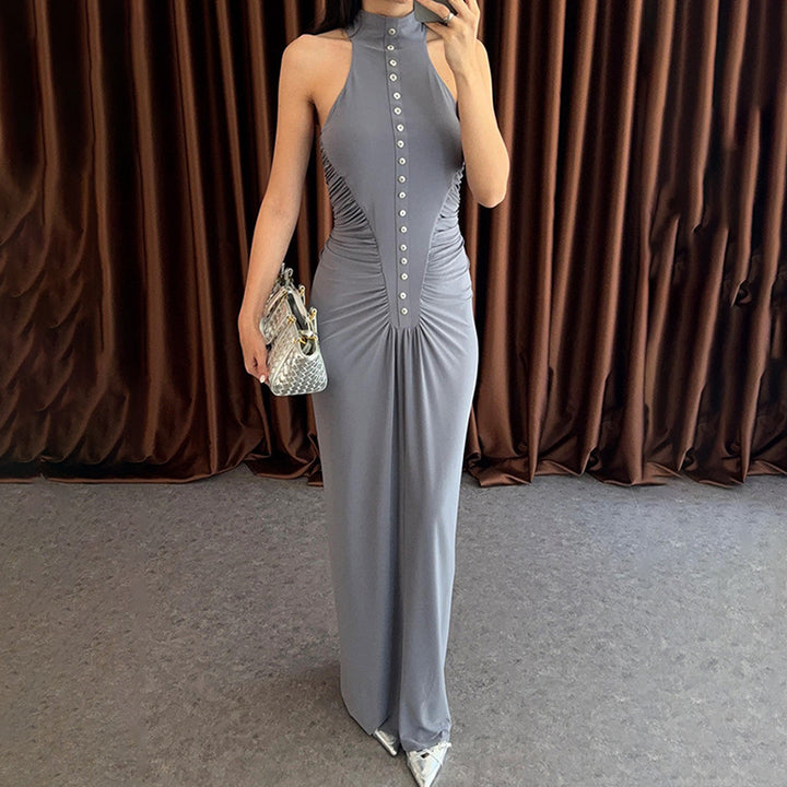 Damen Elegantes, figurbetontes Maxikleid mit hochgeschlossenem Ausschnitt und Knopfdetails Echo Archiv