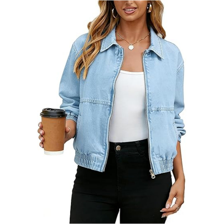 Damen Jeans-Bomberjacke mit Reißverschluss, elastischem Saum und Hemdkragen Echo Archiv