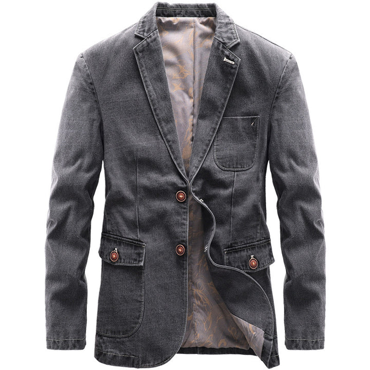 Herren Casual-Jeansblazer mit Reverskragen, aufgesetzten Pattentaschen und floral gemustertem Innenfutter – Tianoro