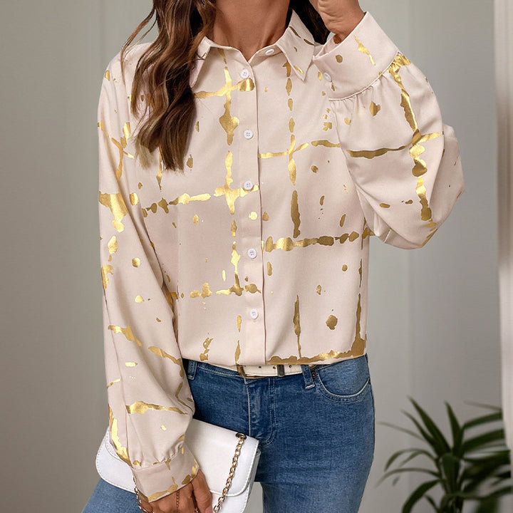 Damen Elegante Langarm-Bluse mit Gold-Folienprint, Hemdkragen und lockerem Schnitt Echoarchiv