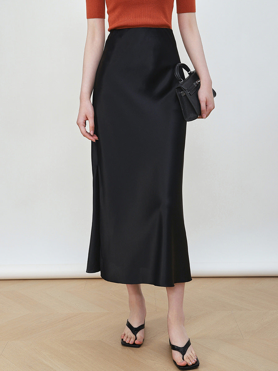 Damen Eleganter Hochtaillierter Satin-Midirock Echoarchiv