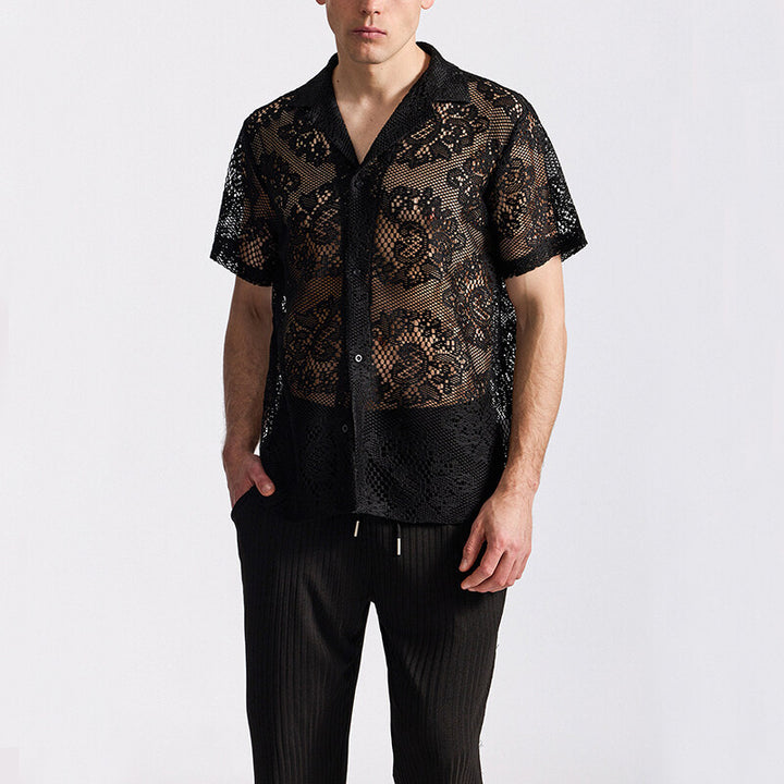Herren Designer-Hemd aus transparentem Häkelmaterial mit floralem Muster Echoarchiv
