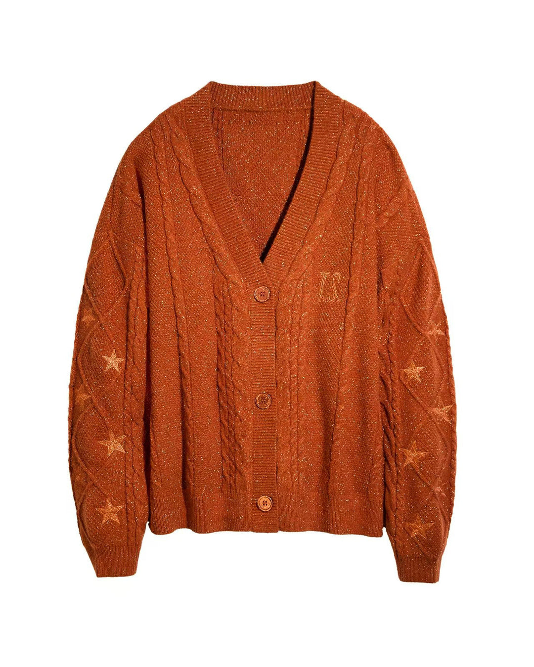 Damen nan großzügiger Grobstrick-Cardigan mit Zopfmuster, V-Ausschnitt und Sternstickereien Echo Archiv