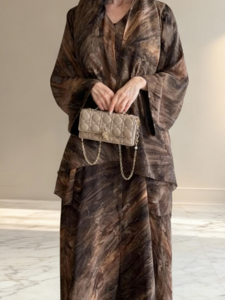 Damen langes fließendes Kapuzenkaftan Kleid mit weitem Arm und mehrlagigem Chiffon – Valéora