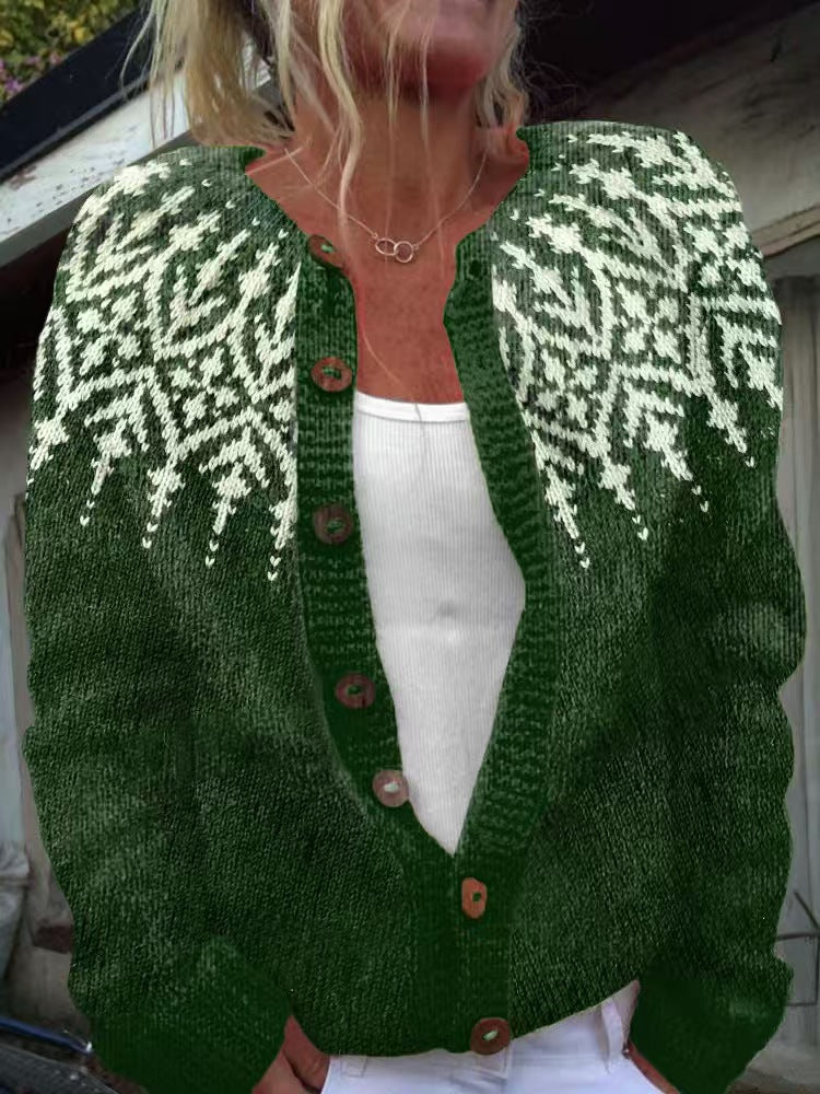 Damen nan gemusterte Strickjacke mit Rundpasse, Holzknöpfen und Eingrifftaschen Echo Archiv