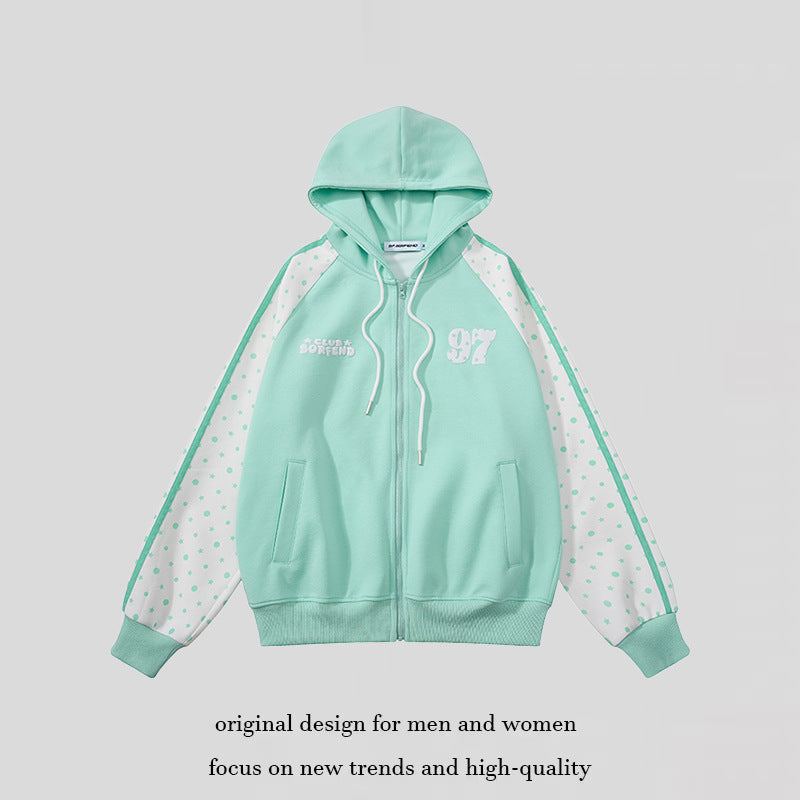 Damen Kapuzen‑Sweatjacke mit durchgehendem Reißverschluss, Raglanärmeln und Polka‑Dot‑Einsätzen Echoarchiv