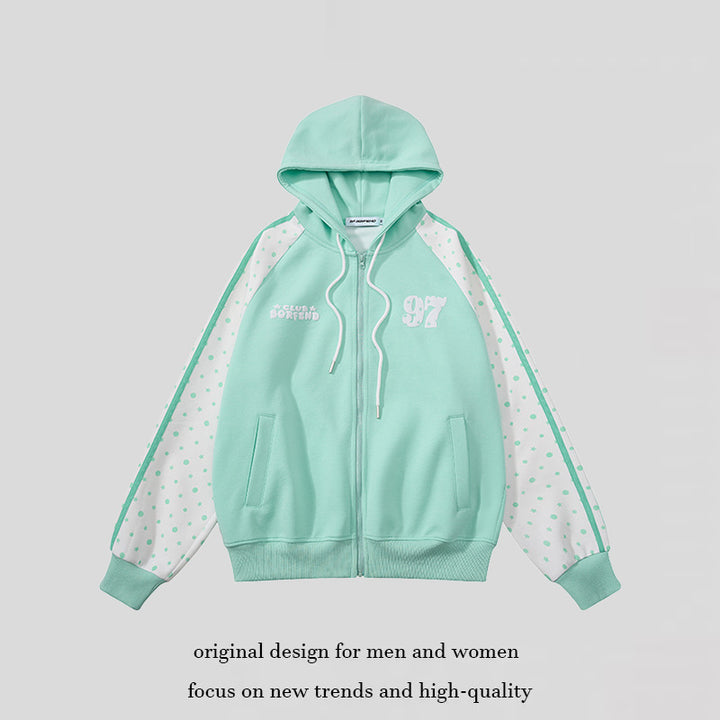 Damen Kapuzen‑Sweatjacke mit durchgehendem Reißverschluss, Raglanärmeln und Polka‑Dot‑Einsätzen Echoarchiv