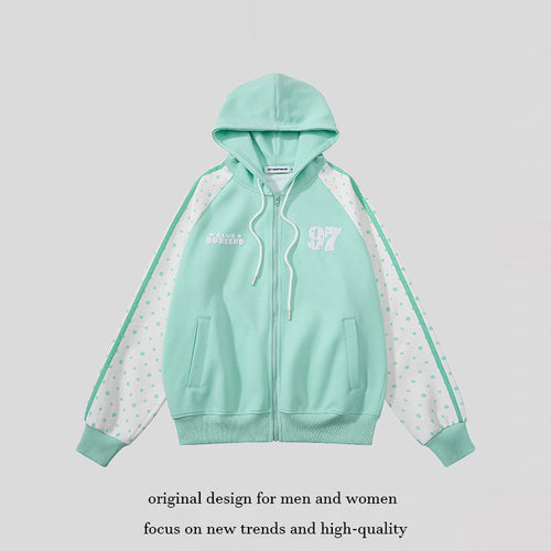 Damen Kapuzen‑Sweatjacke mit durchgehendem Reißverschluss, Raglanärmeln und Polka‑Dot‑Einsätzen Echoarchiv