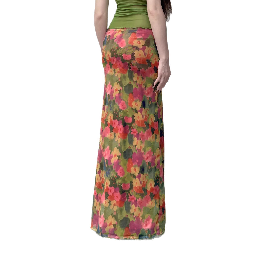 Damen Maxirock mit Chiffon-Overlay, floraler Allover-Print und hohem Seitenschlitz Echo Archiv