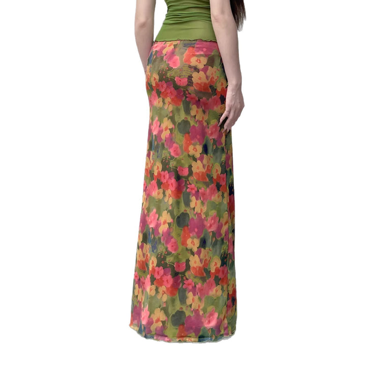 Damen Maxirock mit Chiffon-Overlay, floraler Allover-Print und hohem Seitenschlitz Echo Archiv