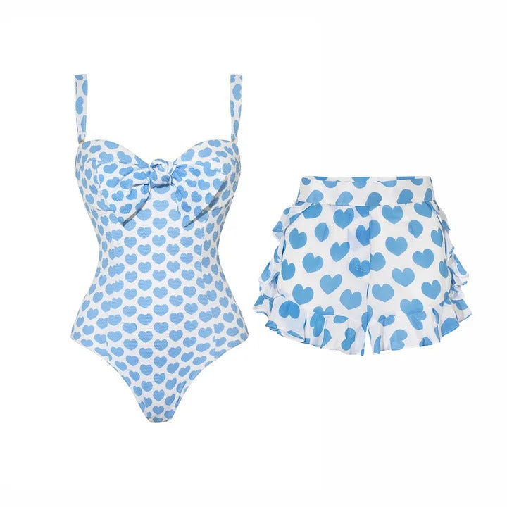 Damen Bikiniset mit herzförmigen Mustern und Rüschenrock Echo Archiv