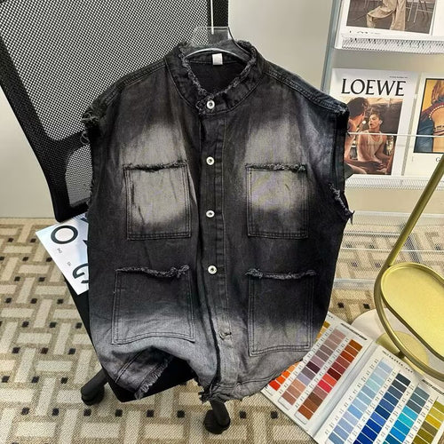 Herren Ärmellose Denim‑Weste im Vintage‑Used‑Look mit ausgefranster Saumkante und Ombre‑Fading Echoarchiv