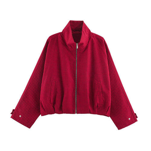 Damen Oversize-Boxy-Bomberjacke mit Stehkragen, Karo-Muster und elastischem Saum Echo Archiv