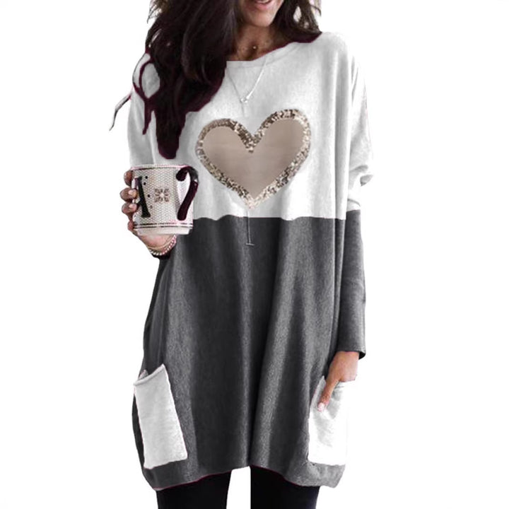 Damen Oversized Lange Pullover Tunika mit Pailletten-Herz und aufgesetzten Taschen Echoarchiv