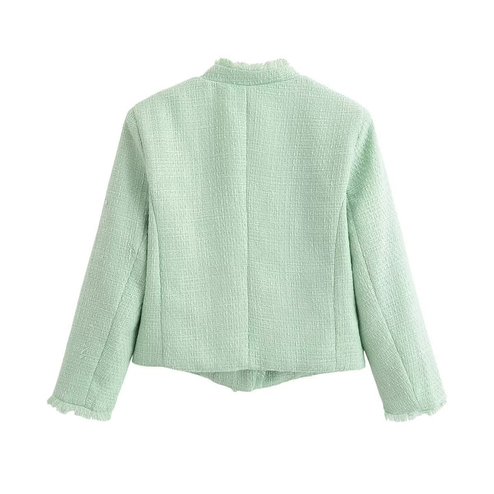 Damen Kurzblazer aus Bouclé‑Tweed mit Stehkragen, Fransenabschluss und taillierter Silhouette Echo Archiv