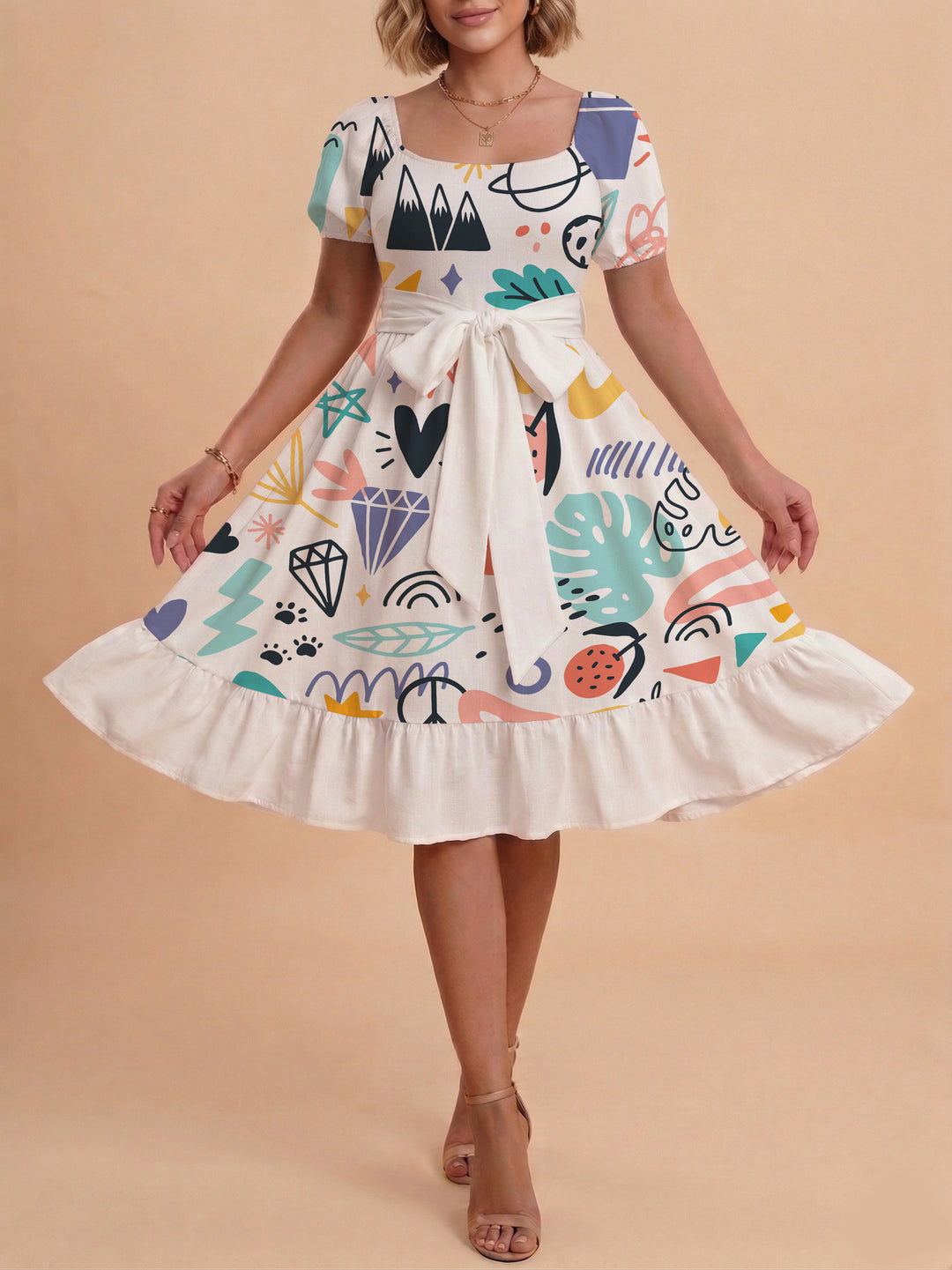 Damen Sommerkleid mit floralem Puffärmel und taillierbarem Gürtel Echo Archiv