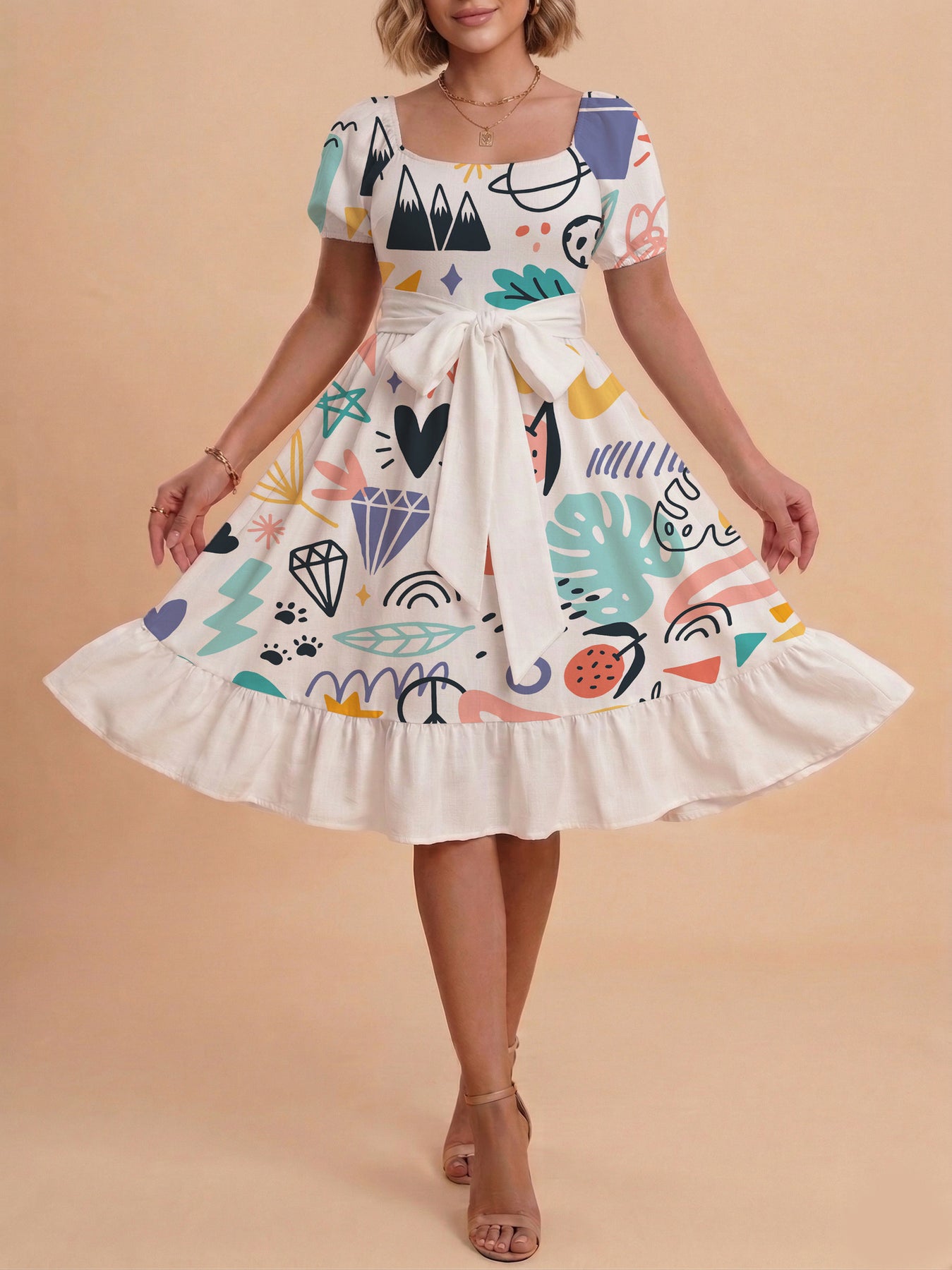 Damen Sommerkleid mit floralem Puffärmel und taillierbarem Gürtel Echo Archiv