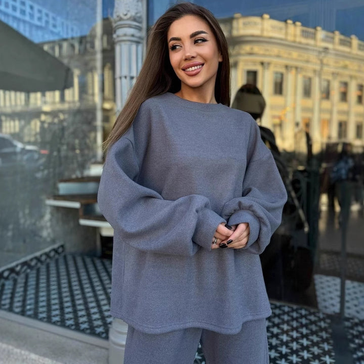 Damen Weiches Oversized-Strick-Loungewear-Set mit legerem Rundhals-Pullover und weiter Komforthose – Mavelle