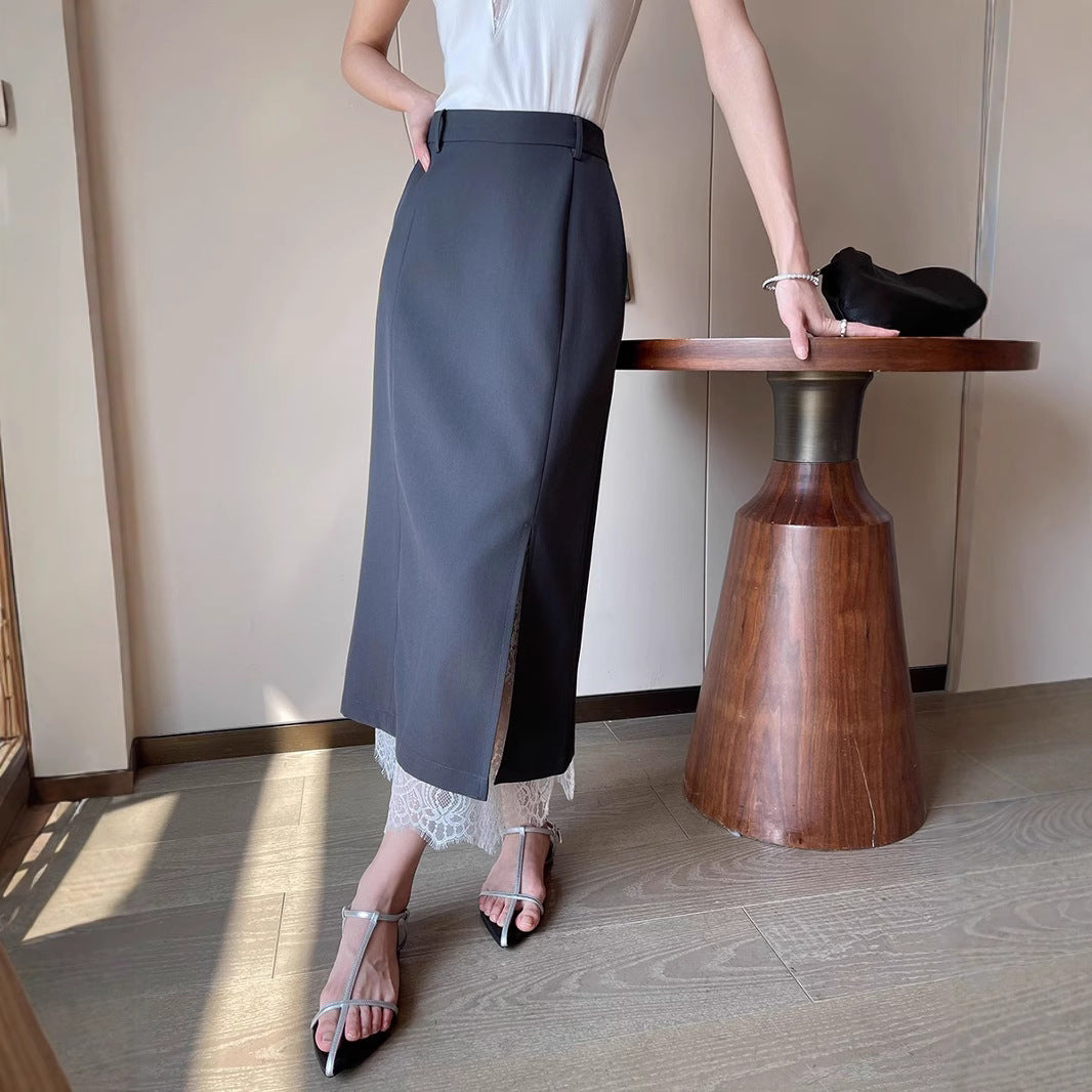 Damen Eleganter Maxirock mit hohem Schlitz und Spitzenabschluss Echoarchiv