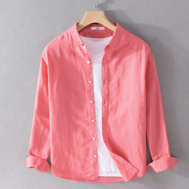 Herren Leinenmix-Layering-Overshirt mit Kentkragen, gerundetem Saum und Soft‑Touch Echoarchiv