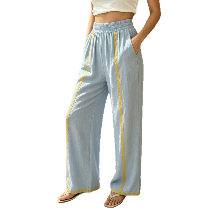 Damen Weite Leinenhose mit Kontraststreifen und elastischem Bund echoarchiv-