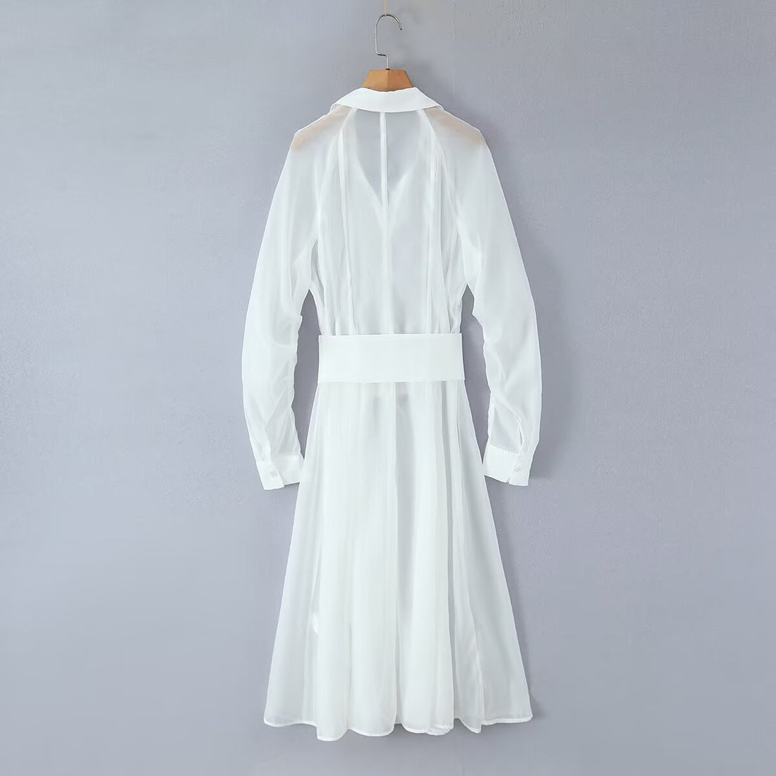 Damen Transparentes Hemdblusenkleid mit weitem Taillengürtel und Volantrock Echoarchiv
