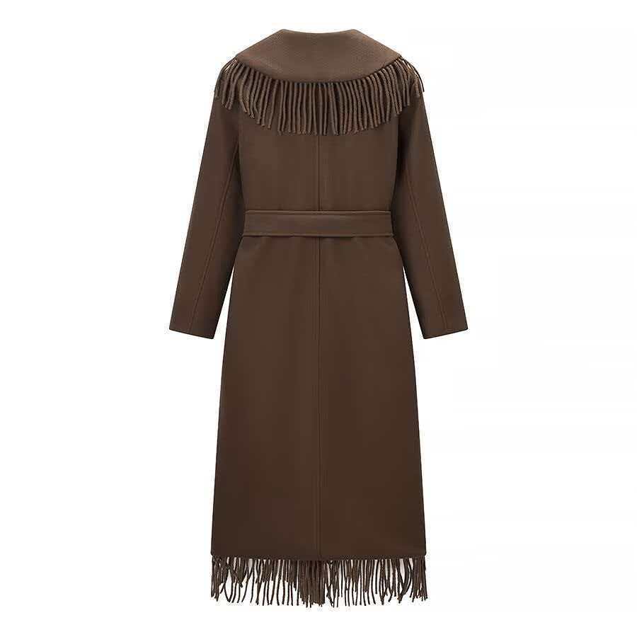 Damen Langer Fransen-Wollmix-Mantel mit Kapuze, Bindegürtel und aufgesetzten Taschen Echo Archiv