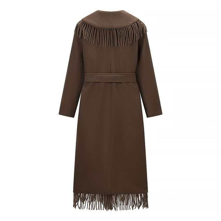 Damen Langer Fransen-Wollmix-Mantel mit Kapuze, Bindegürtel und aufgesetzten Taschen Echo Archiv
