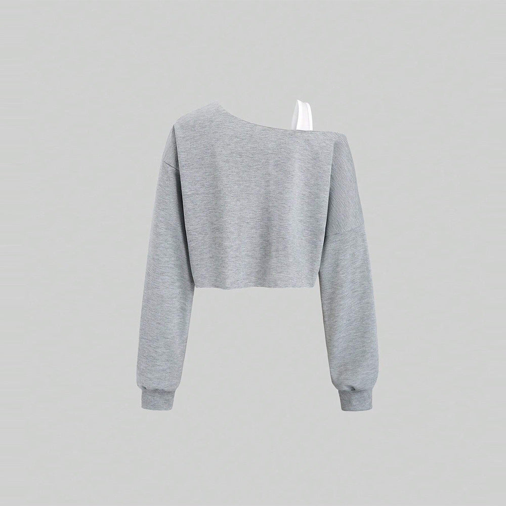 Damen cropped Off-Shoulder Sweatshirt mit einseitigem Träger, Ballonärmeln und Rippbündchen – Avérine