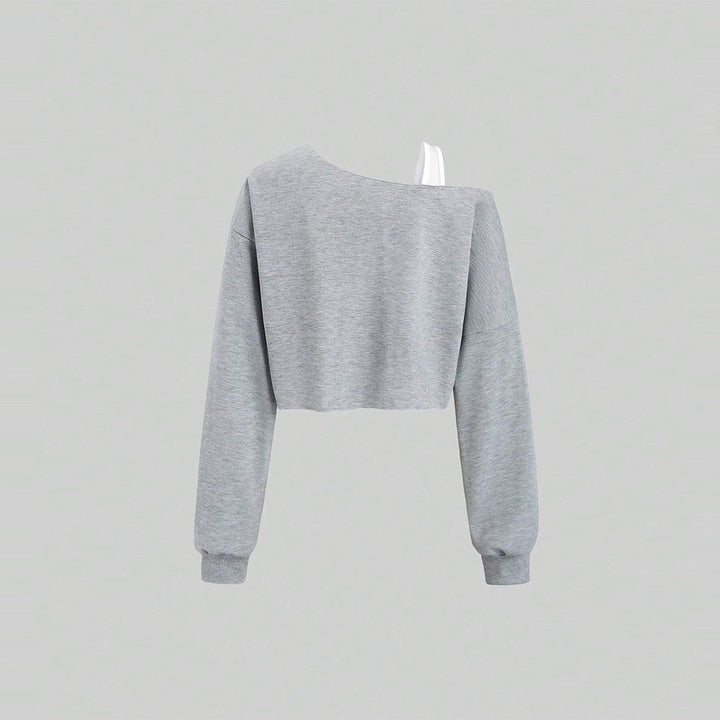 Damen cropped Off-Shoulder Sweatshirt mit einseitigem Träger, Ballonärmeln und Rippbündchen – Avérine