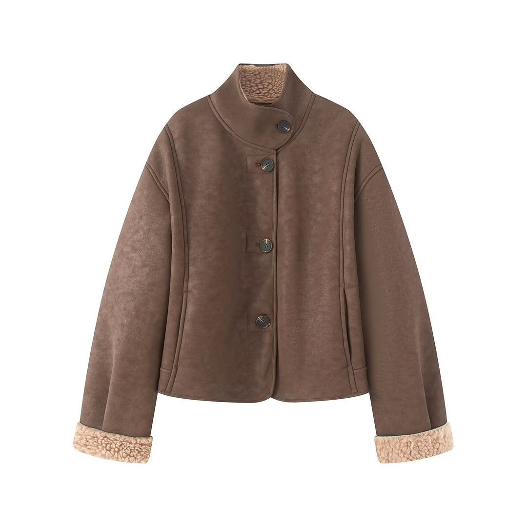 Damen Kurze Lammfelloptik-Jacke mit Stehkragen und Knopfleiste Echoarchiv