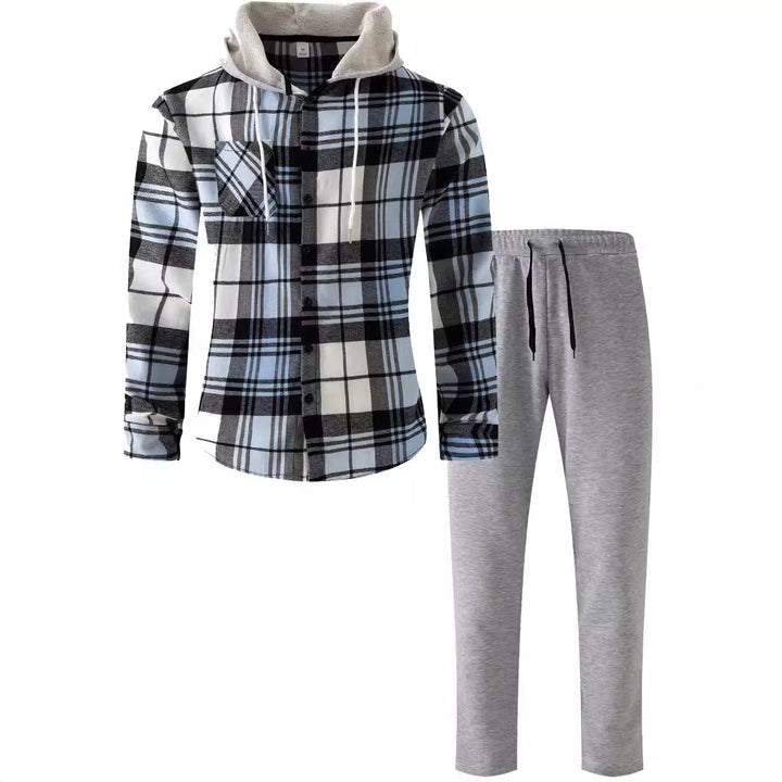 Herren lässiges Flanell-Hemd mit Kapuze und Jogginghose Set Echoarchiv
