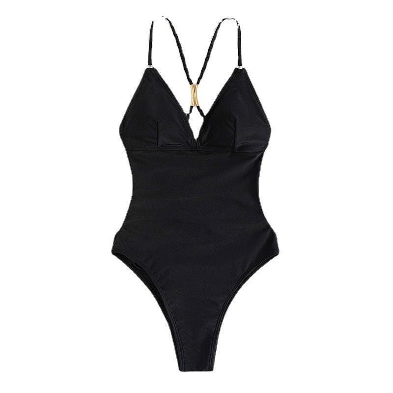 Damen Einteiliger Badeanzug mit modischem V-Ausschnitt und verstellbaren Trägern Echo Archiv