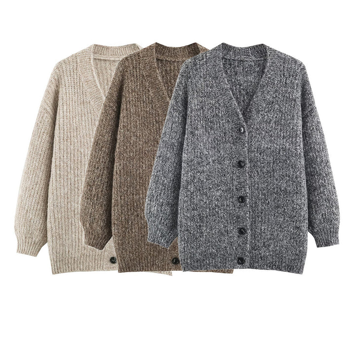 Damen Oversized Grobstrick-Cardigan mit tiefem V-Ausschnitt, Rippenstruktur und Ballonärmeln Echoarchiv