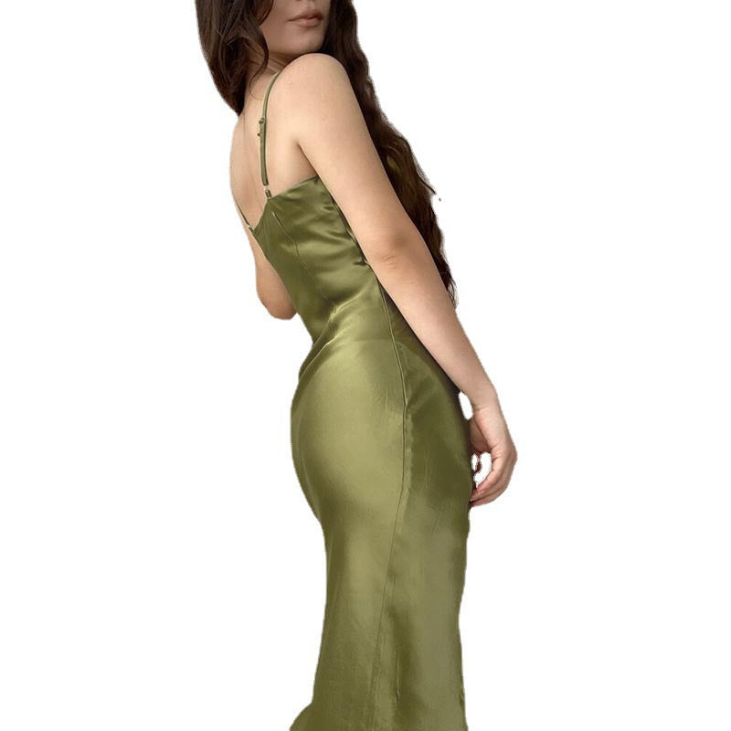 Damen elegantes, figurbetontes Satin-Midikleid mit asymmetrischem Ausschnitt und Schlitz Echo Archiv