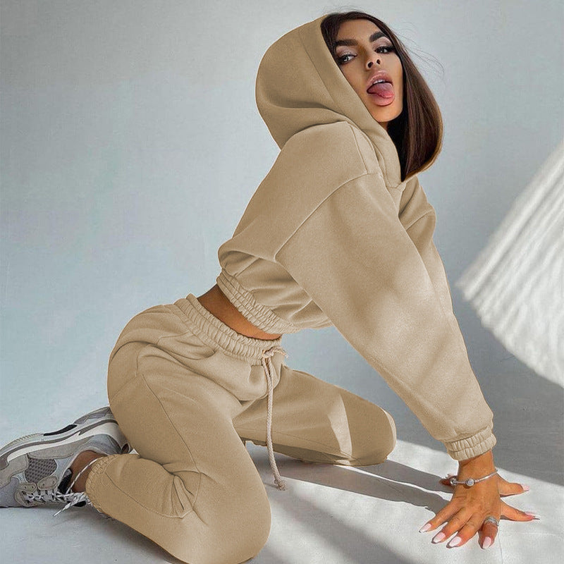 Damen nan Cropped-Hoodie-Loungewear-Set mit elastischem Rippbund, hoher Taillen-Jogginghose und dekorativem Kordelzug Echo Archiv