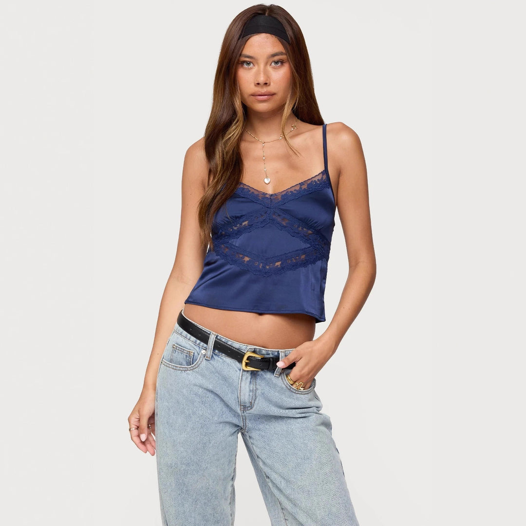Damen Elegantes Satin-Cami-Top mit Spitzenverzierungen Echo Archiv