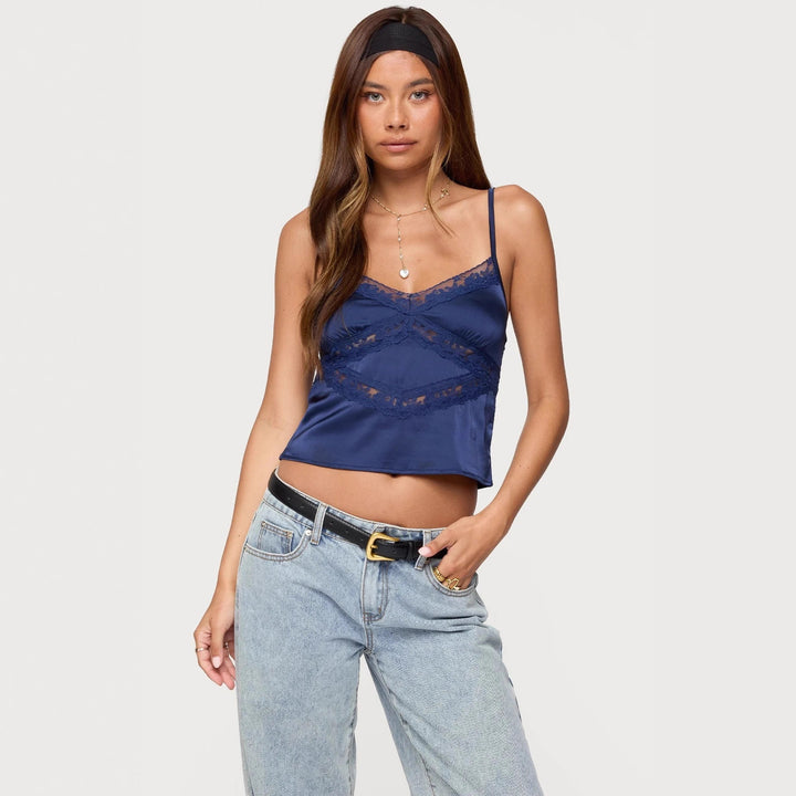 Damen Elegantes Satin-Cami-Top mit Spitzenverzierungen Echo Archiv