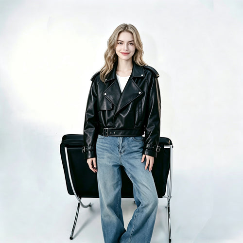 Damen Modische Cropped Kunstlederjacke Echo Archiv