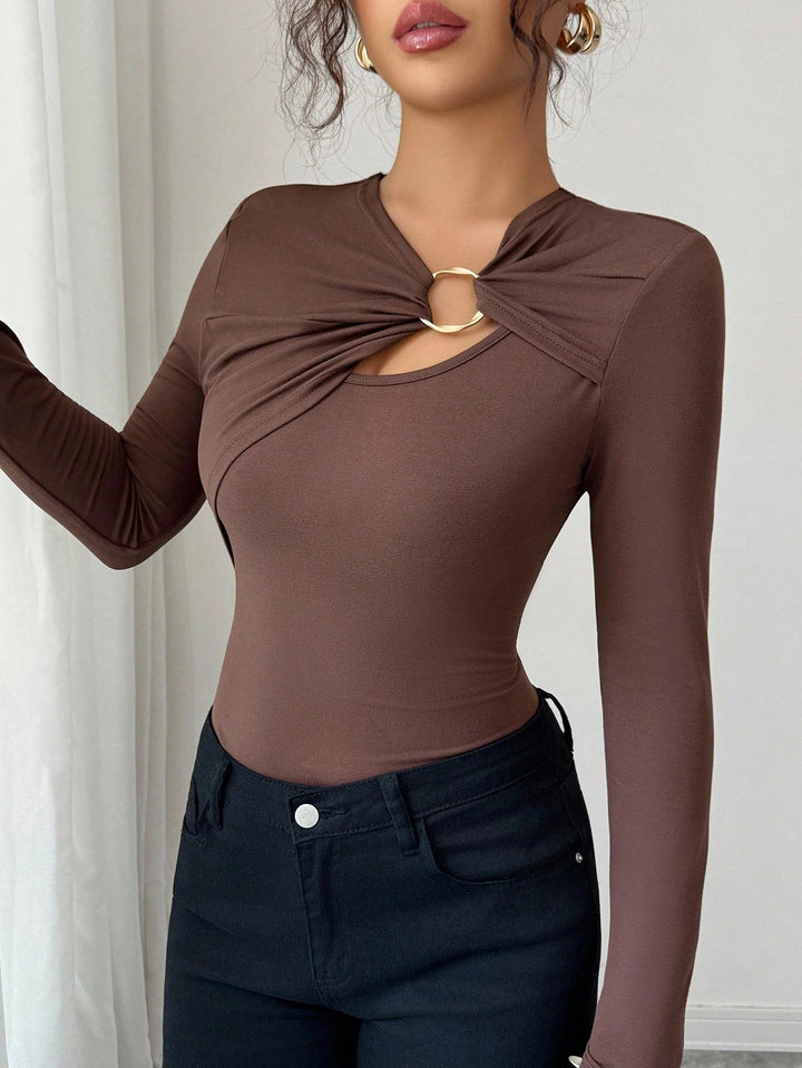 Damen nan figurbetonter Langarm-Body mit Leopardenprint und Zier-Ring Echo Archiv