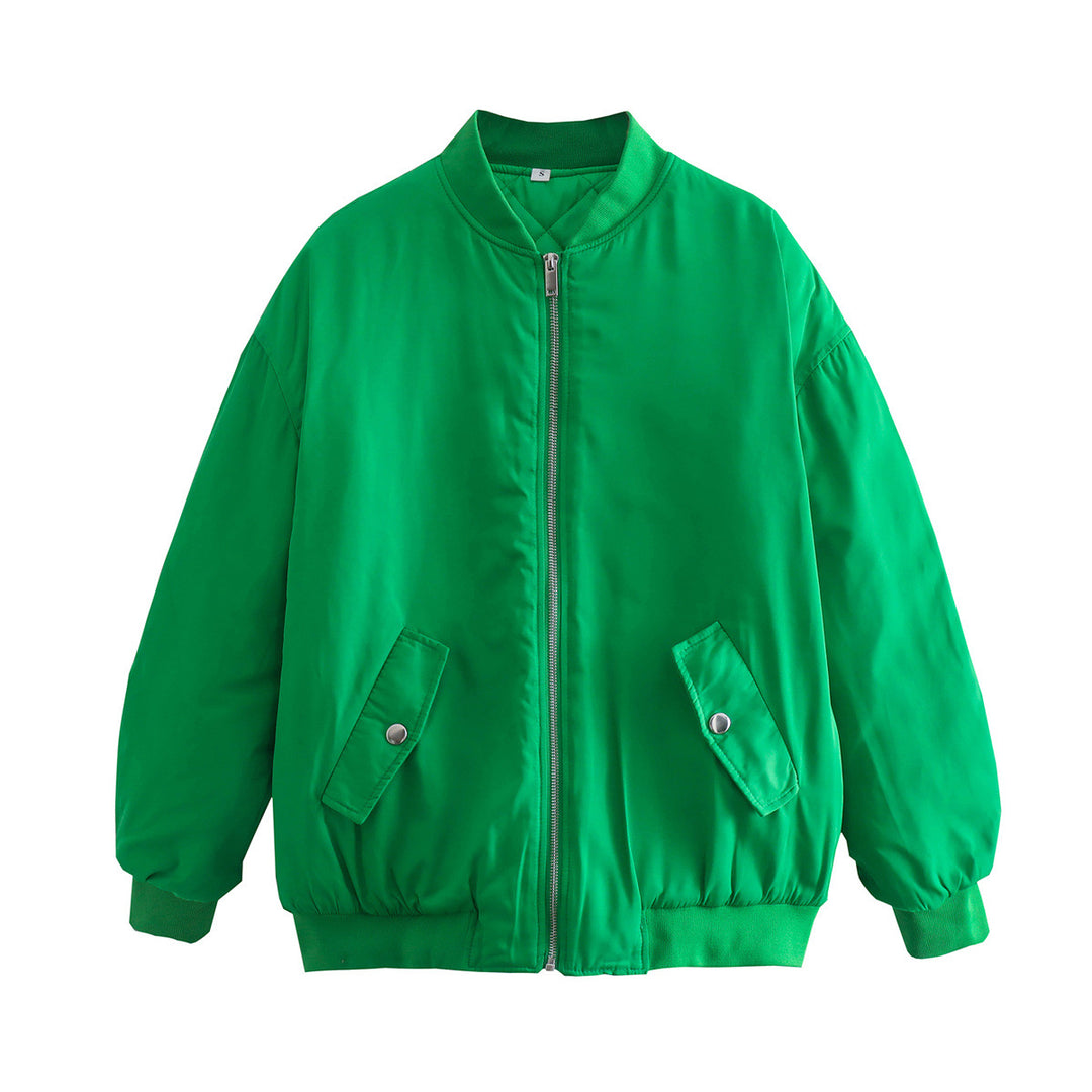 Damen oversized Bomberjacke mit Stehkragen, Reißverschluss und Druckknopf-Taschen – Avenza