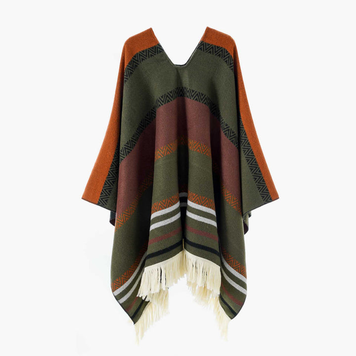 Damen Oversize Poncho-Cape mit V-Ausschnitt und Fransensaum – Avérine