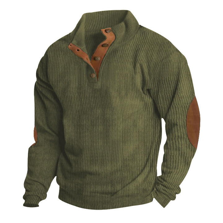 Herren Gerippter Henley-Pullover mit Stehkragen, Knopfleiste & Leder-Ellbogenpatches – Norvane