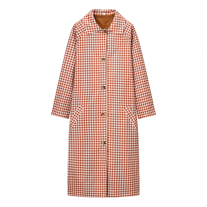 Damen Karo-Trenchcoat mittellang mit Knopfleiste und kontrastgefütterten Manschetten Echo Archiv