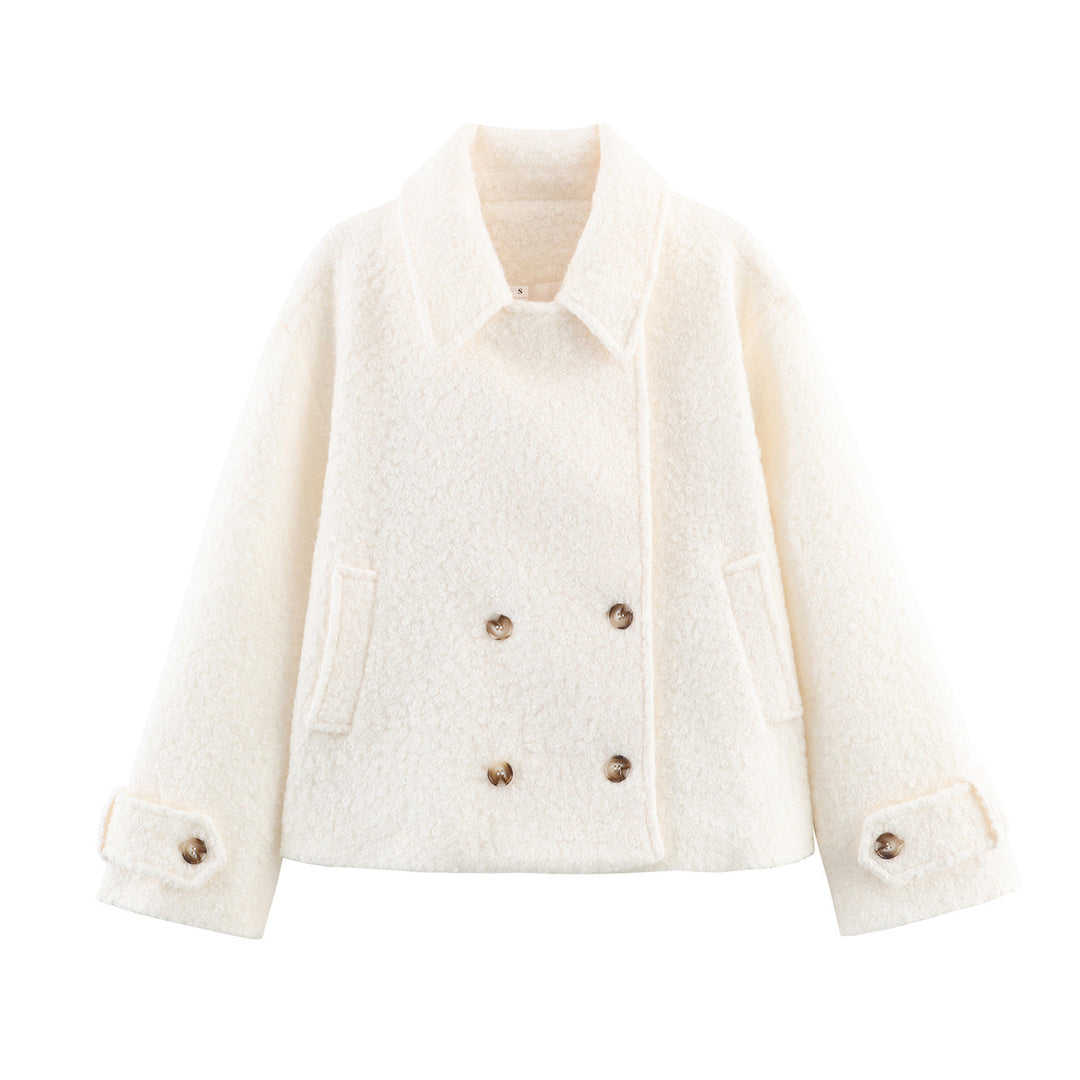 Damen kastige Bouclé-Jacke mit kurzem Schnitt, doppelreihiger Knopfleiste und Manschettenriegel – Célinea