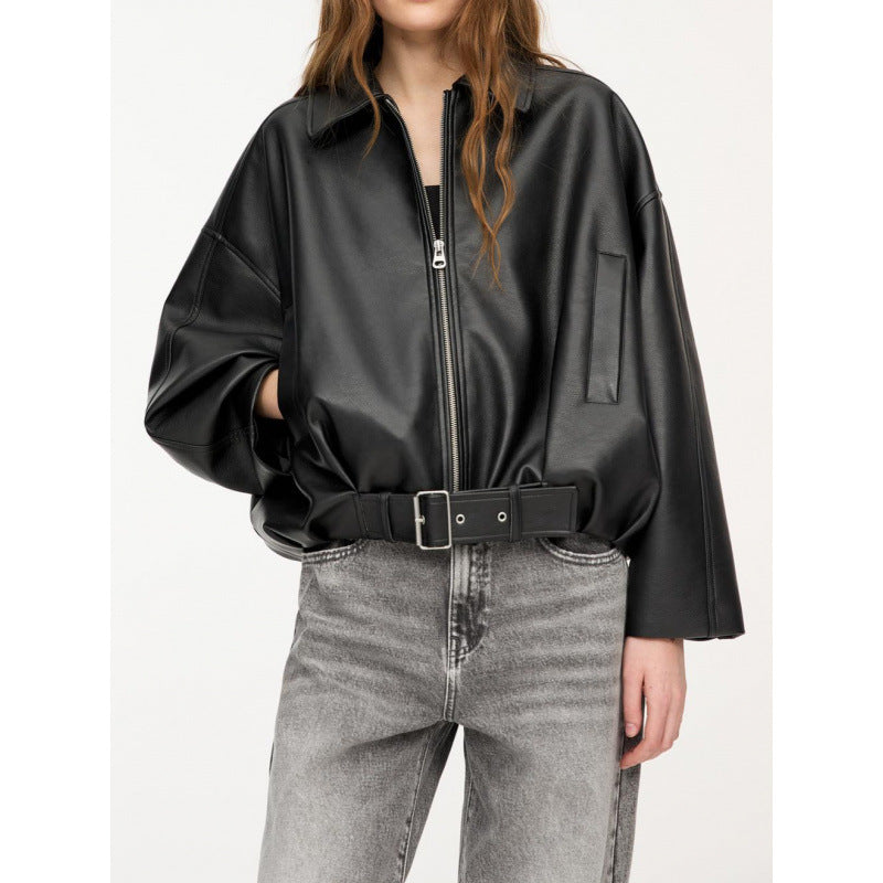 Damen Oversized Lederimitat-Blouson mit Taillengürtel Echo Archiv