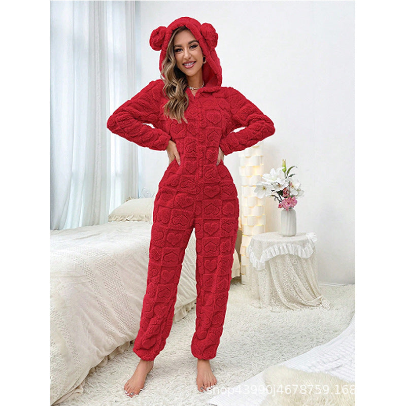 Damen Gemütlicher Fleece-Overall mit Kapuze Echoarchiv