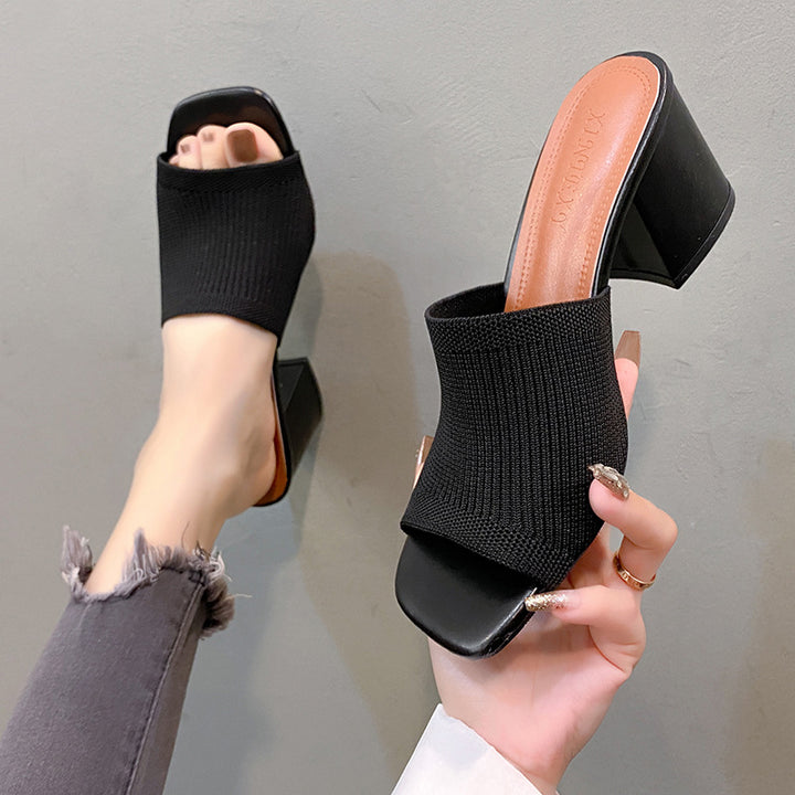 Damen Strick‑Mule mit offenem Zehenbereich und mittelhohem Blockabsatz Echo Archiv